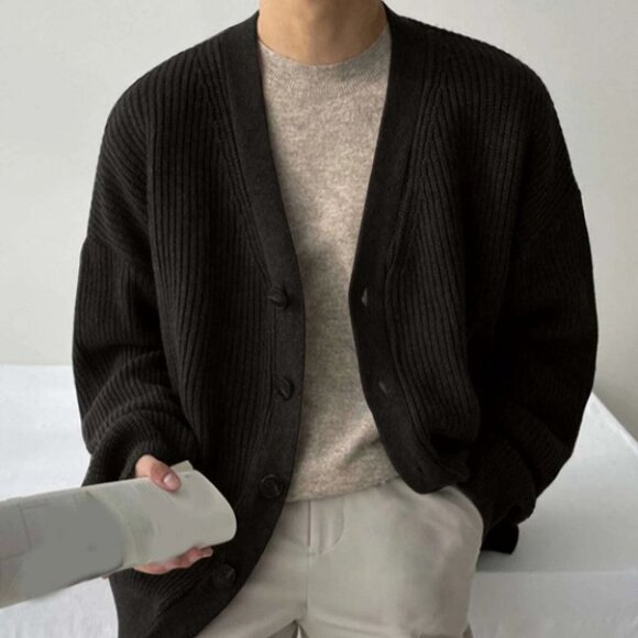 Black Mens Drop Shoulder Cardigan - Picture 4 of 4